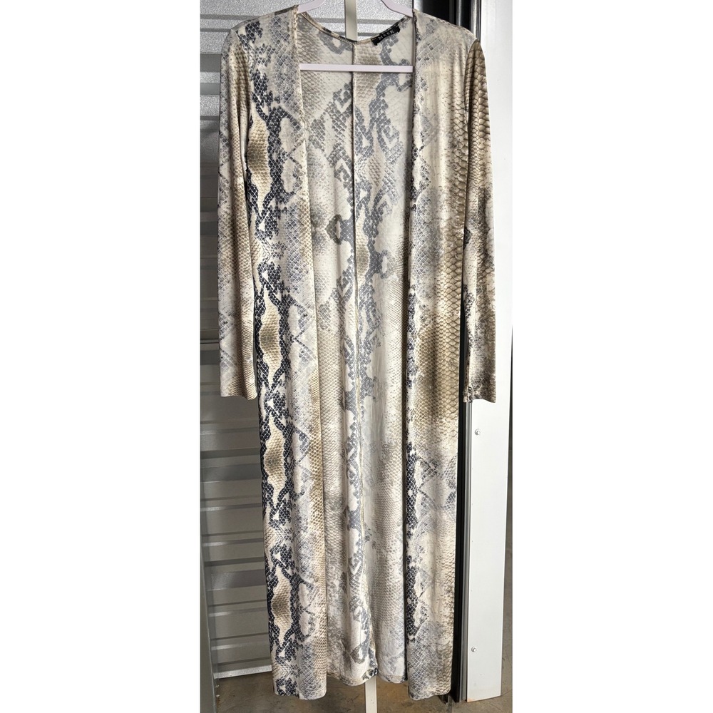 Meek Snakeskin Print Duster Cardigan Longline Open Front Kimono Grey Tan M